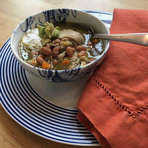 Green Chicken Chili in Caskata Lucy Cereal Bowl and Caskata Newport Plate