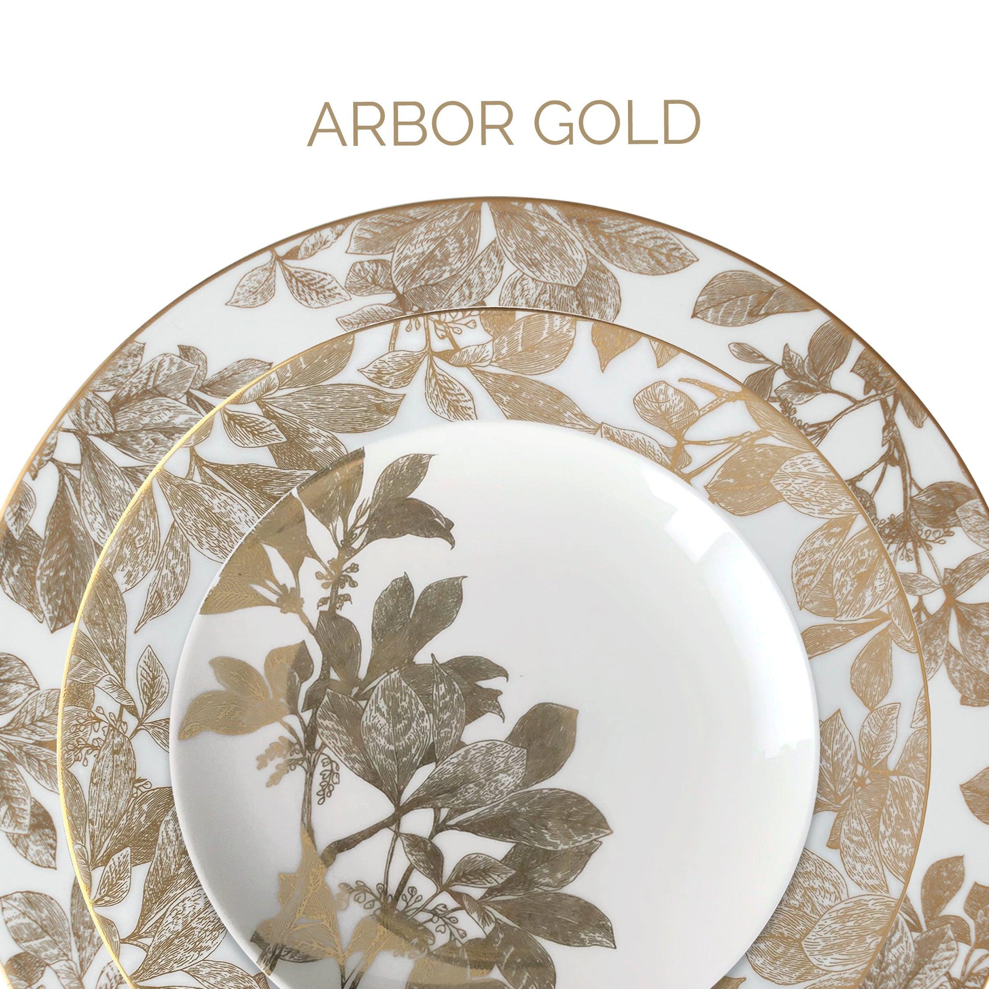 Elegant white plates with intricate gold leaf patterns, labeled "Arbor Gold.