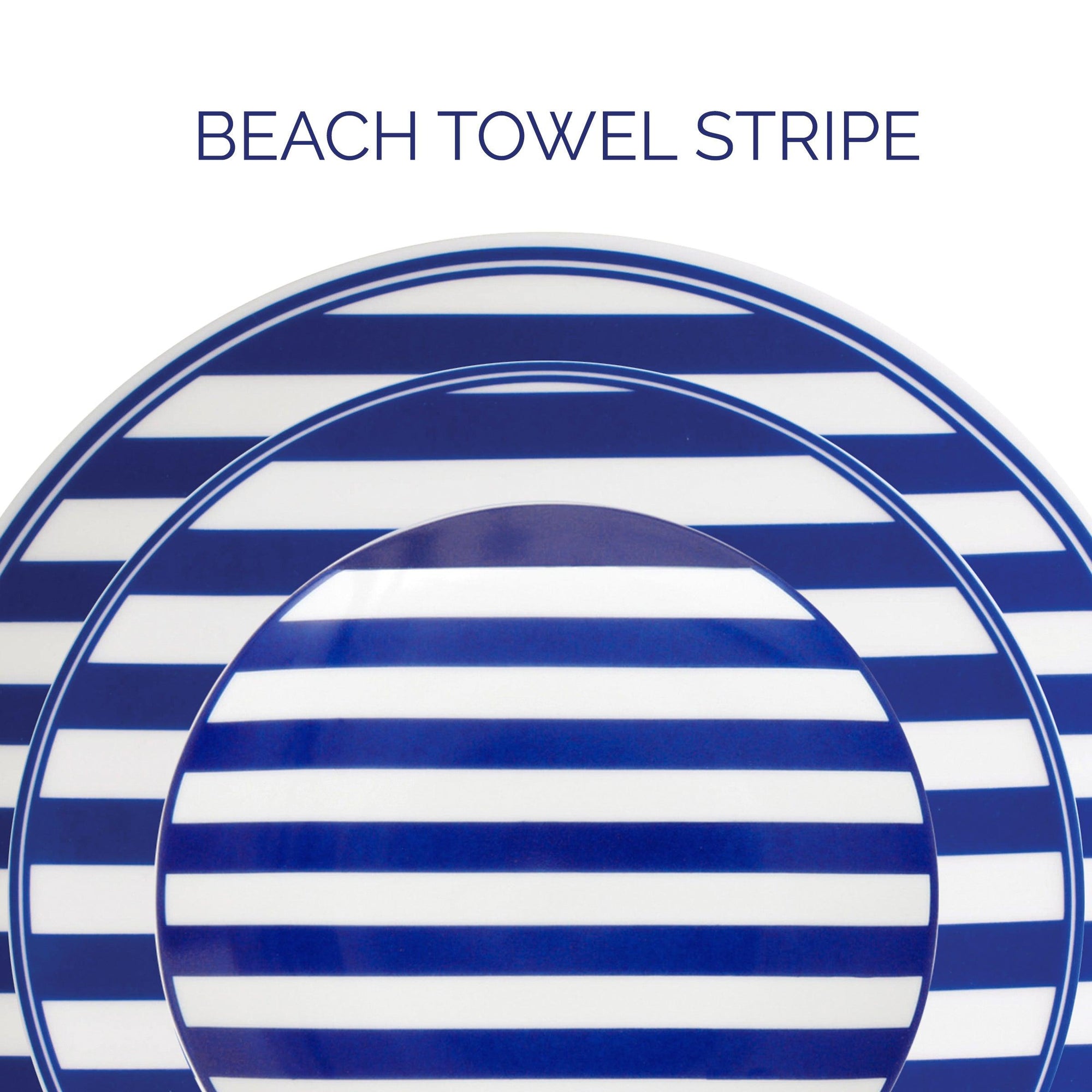 A set of blue and white striped plates arranged with one smaller plate on top of a larger one, labeled "Beach Towel Stripe.