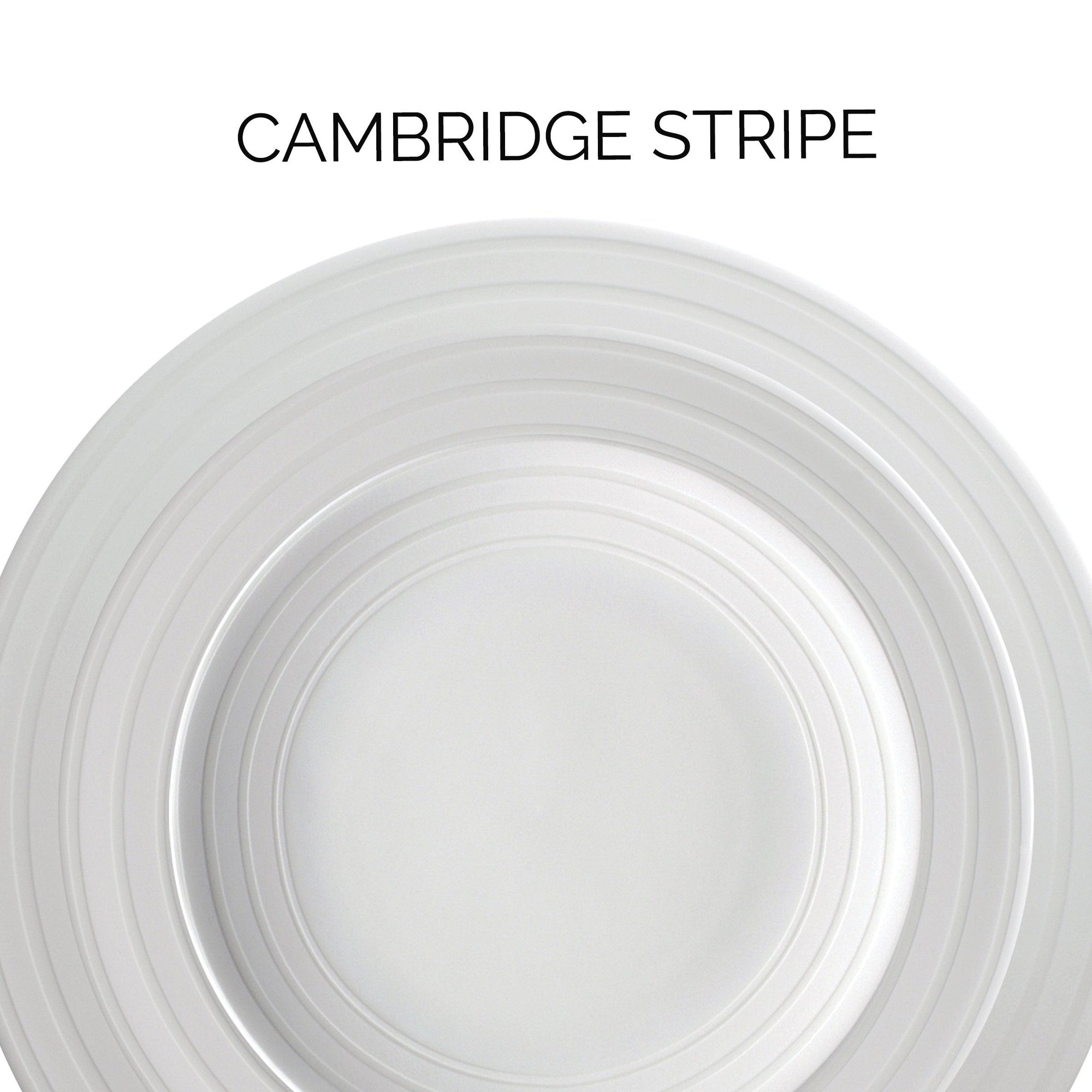 White plate with concentric circular patterns, labeled "Cambridge Stripe" at the top.