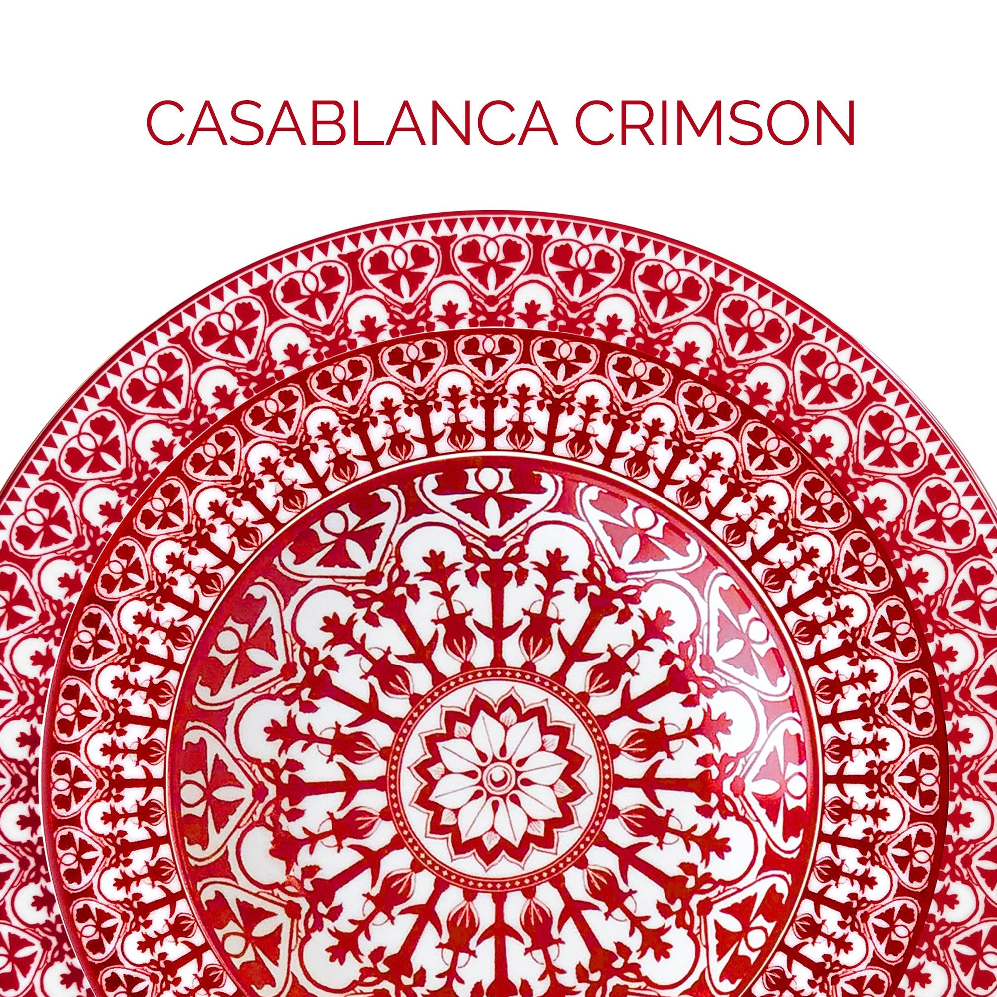 Close-up of a decorative plate with intricate red and white patterns under the text "Casablanca Crimson.