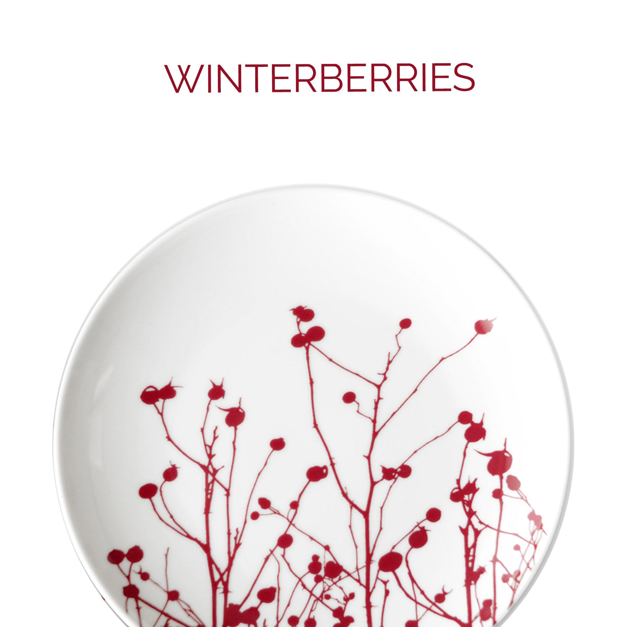 White plate featuring a design of red winterberry branches. Upper text reads "WINTERBERRIES.