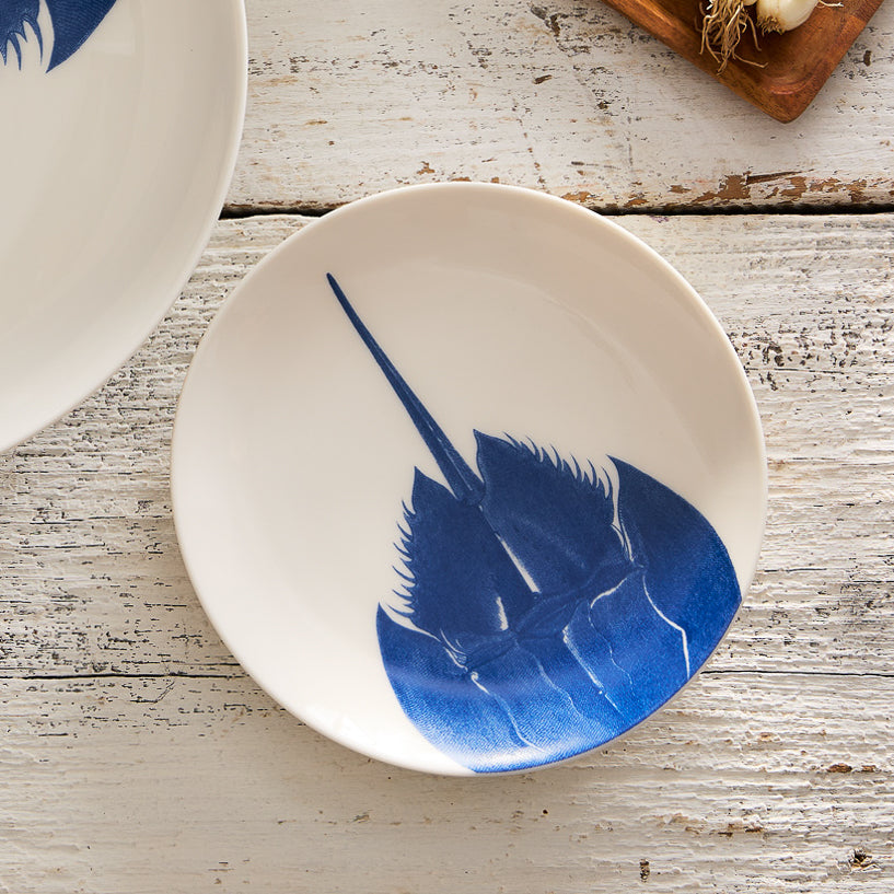 The Horseshoe Crab Coupe Salad Plate by Caskata Artisanal Home showcases a striking blue horseshoe crab motif, beautifully arranged on a rustic wooden background. Its sleek, contemporary form brings a modern flair to any dining table.