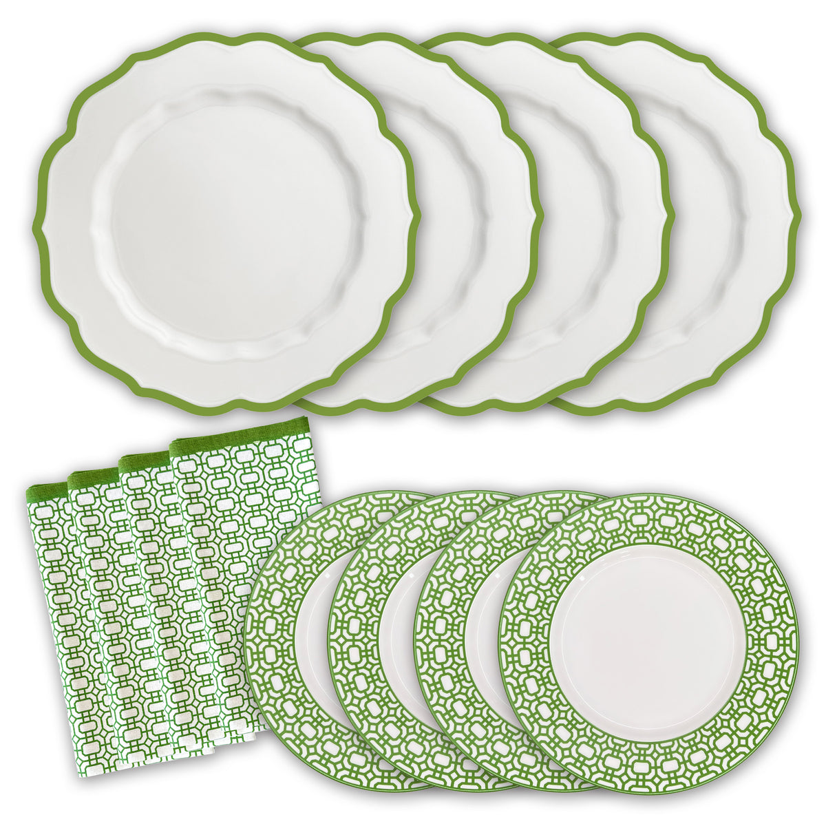 The Through the Garden Gate Dinner Bundle by Caskata offers a chic dining refresh with four white plates featuring scalloped green rims, four smaller plates with elegant green patterns, and two beautifully patterned green and white napkins.