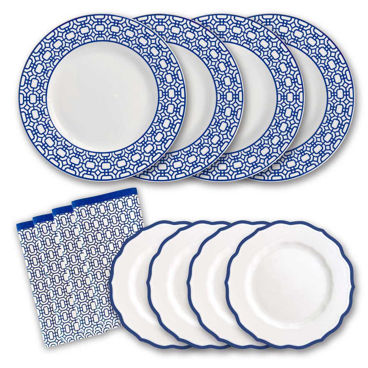 Introducing The After Tennis Dinner Bundle by Caskata: a set of five dinner plates with a blue geometric border, five salad plates with a blue scalloped edge, and four elegantly patterned blue and white napkins—perfect for any occasion.