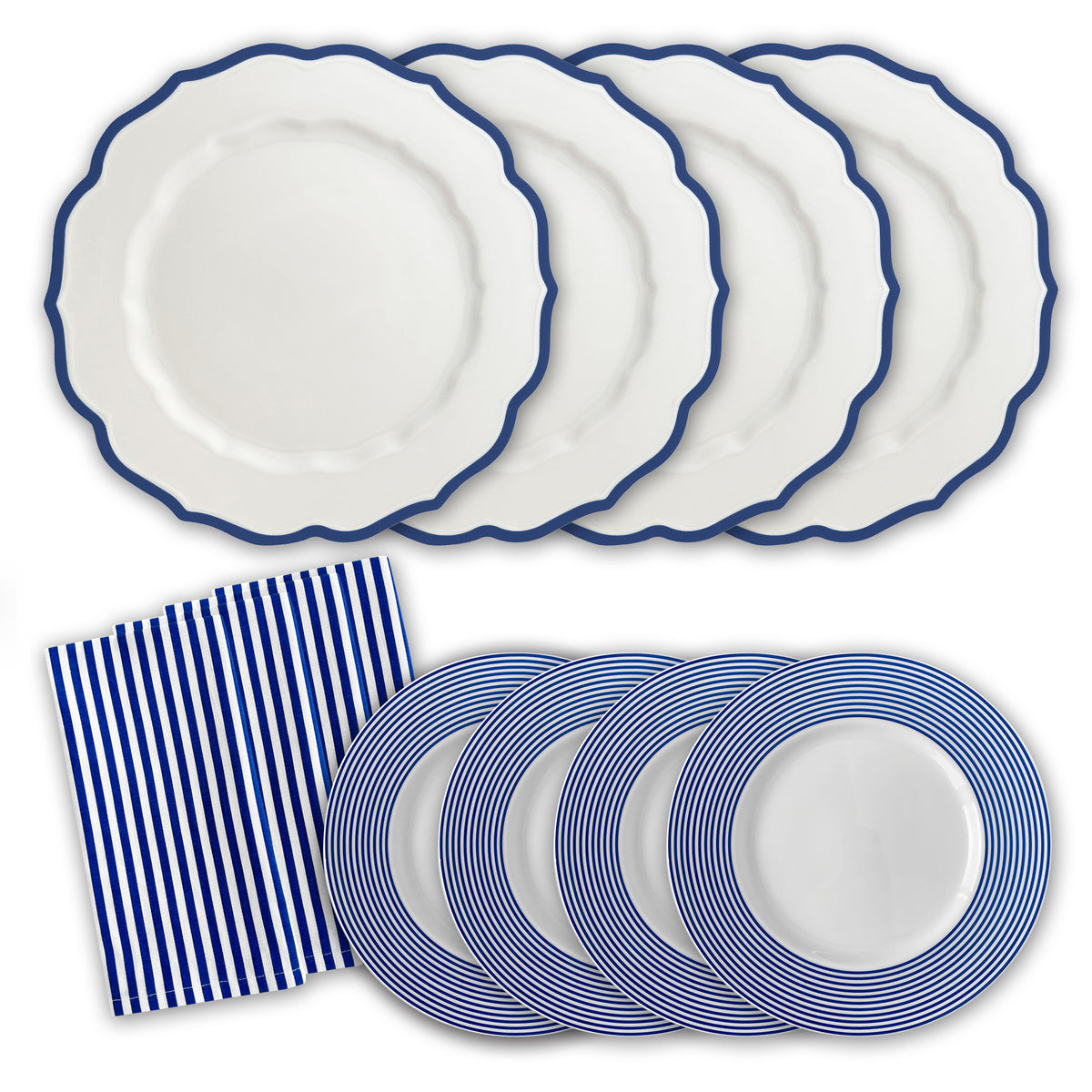 Refresh your spring table with Caskata&#39;s French Riviera Dinner Bundle, featuring a mix-and-match set of six white plates with blue trim, six striped plates, and coordinating striped napkins.