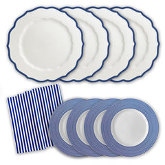 Refresh your spring table with Caskata's French Riviera Dinner Bundle, featuring a mix-and-match set of six white plates with blue trim, six striped plates, and coordinating striped napkins.