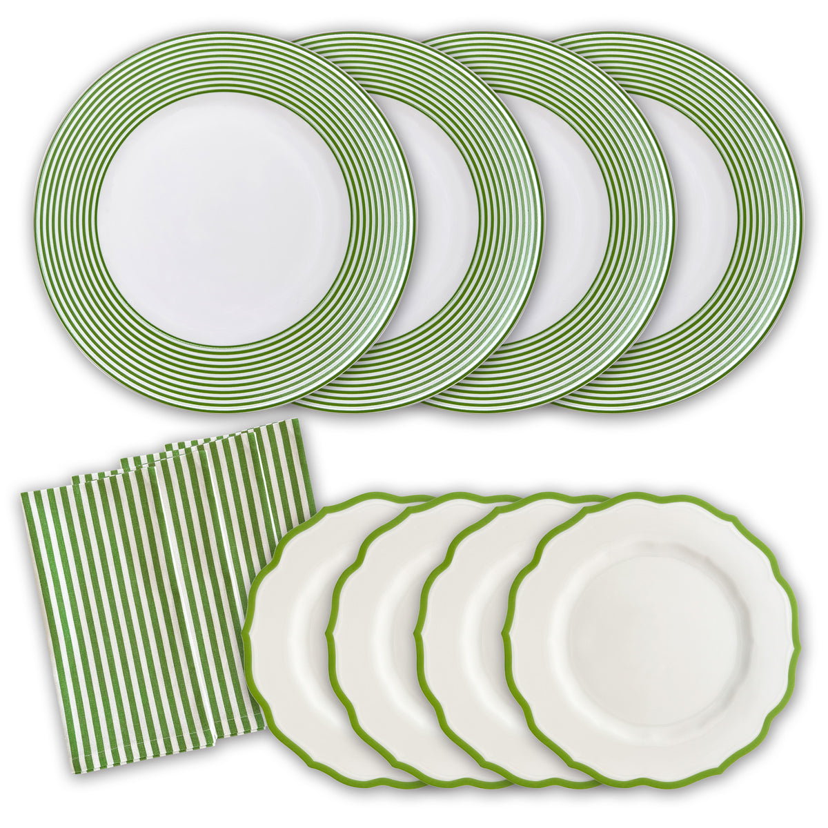 Discover Caskata&#39;s Summer Stripes Dinner Bundle to refresh your spring table: five round plates with green striped rims, four scalloped plates with green edges, and neatly folded green striped napkins.