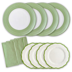 Discover Caskata's Summer Stripes Dinner Bundle to refresh your spring table: five round plates with green striped rims, four scalloped plates with green edges, and neatly folded green striped napkins.