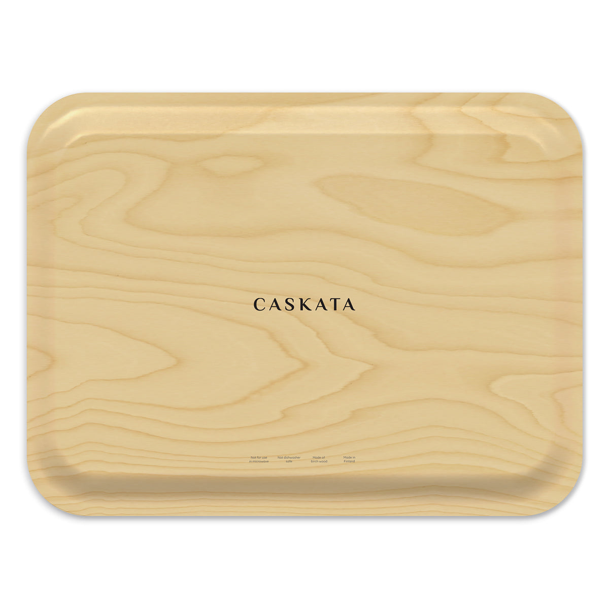 The Bunny Maximus Large Rectangular Birchwood Tray by Caskata features a light woodgrain pattern and &quot;CASKATA&quot; printed in the center, offering a touch of sustainable elegance.