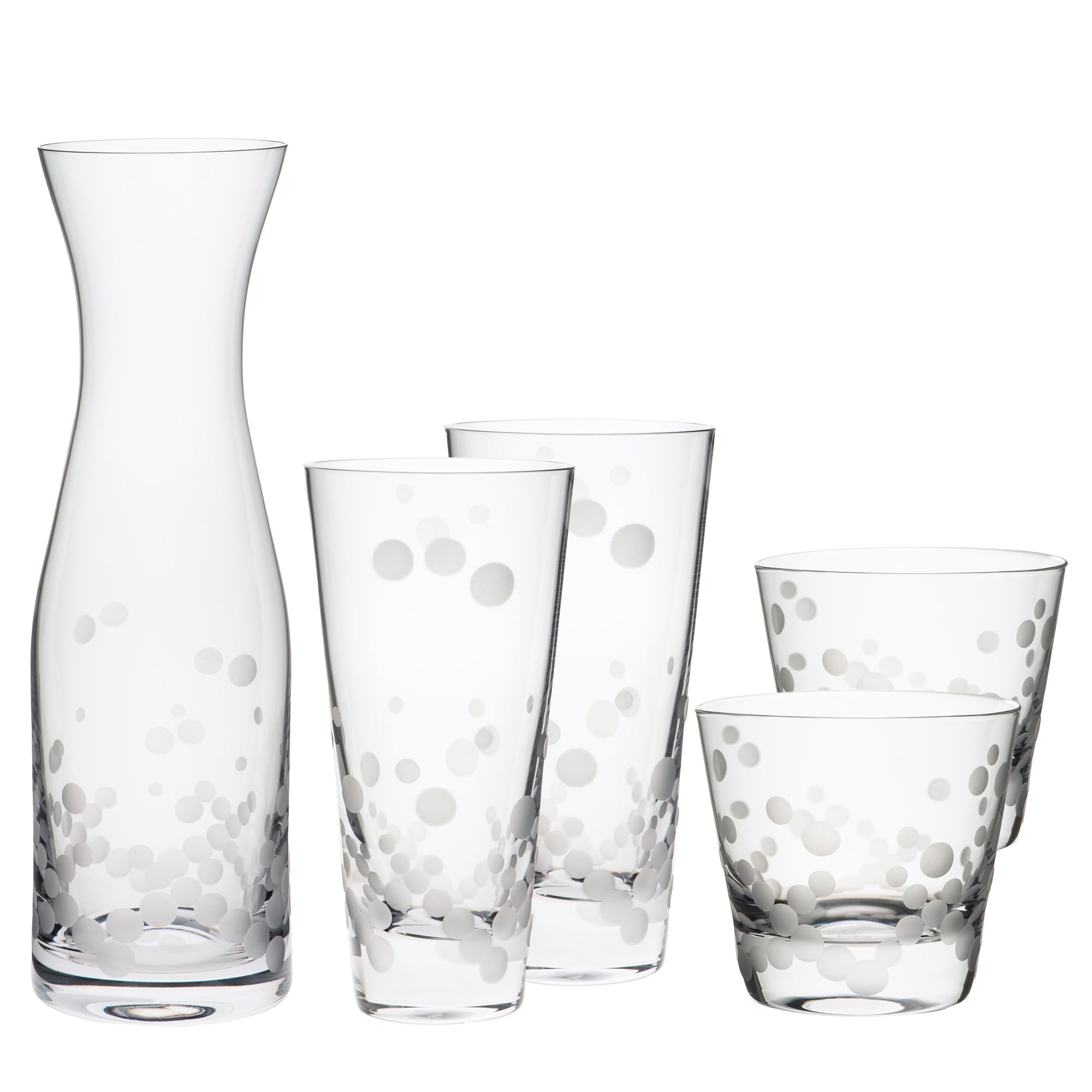 Introducing the Chatham Pop Glassware Bundle by Caskata: a stunning glass carafe and set of four glasses with an elegant bubble pattern. Crafted from lead-free crystal, this set is perfect for any cocktail lover who wants to enhance their drink presentation.