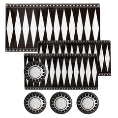 The Marrakech Serving Bundle by Caskata comprises bone china trays in a geometric black and white pattern, featuring three rectangular trays and four small round dishes, ideal for appetizers or dipping.