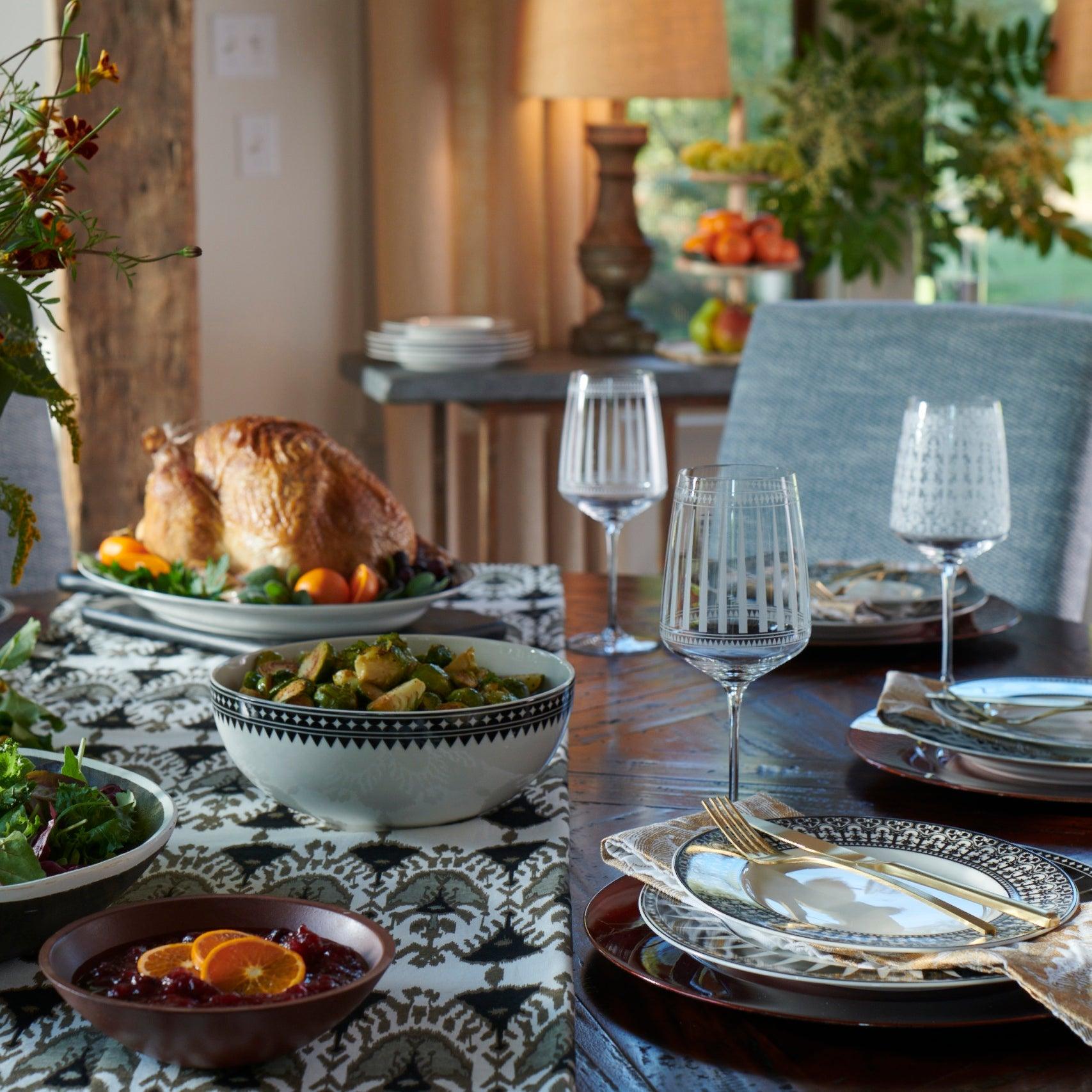 Marrakech Vegetable Serving Bowl in black and white high-fired porcelain dinnerware- Caskata