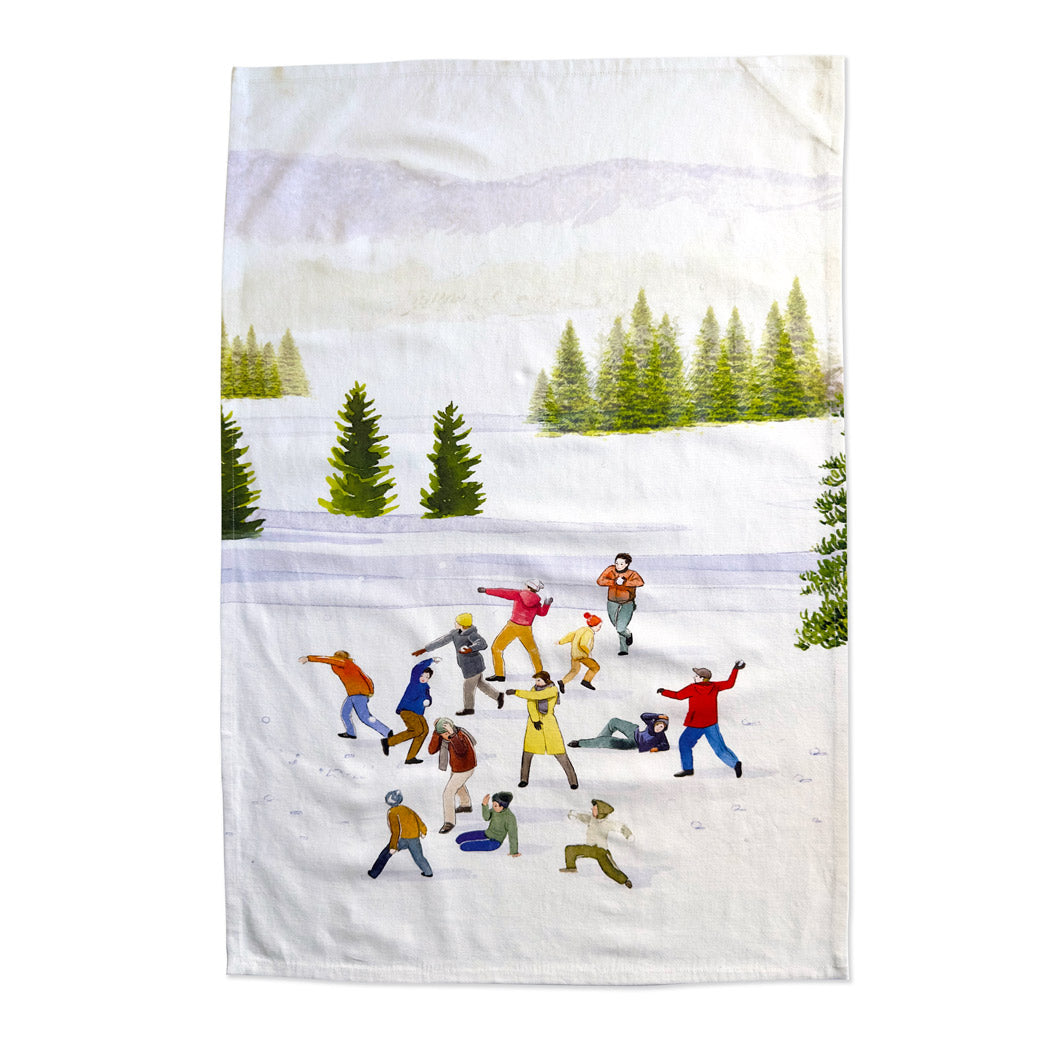 Caskata X Felix Doolittle Snowball Fun Kitchen Towels shows a snowball fight from left and right on this set of 2 cotton kitchen towels.