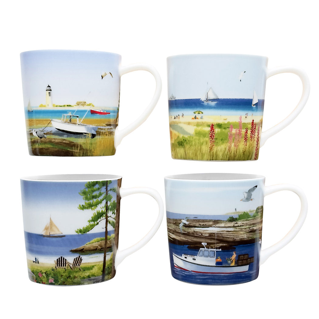 The Caskata X Felix Doolittle By the Sea Mugs, Set of 4, features ceramic mugs adorned with beautiful coastal scenes inspired by Felix Doolittle&#39;s watercolor landscapes. Each mug showcases illustrations of boats, lighthouses, seagulls, and scenic landscapes with trees and flowers.