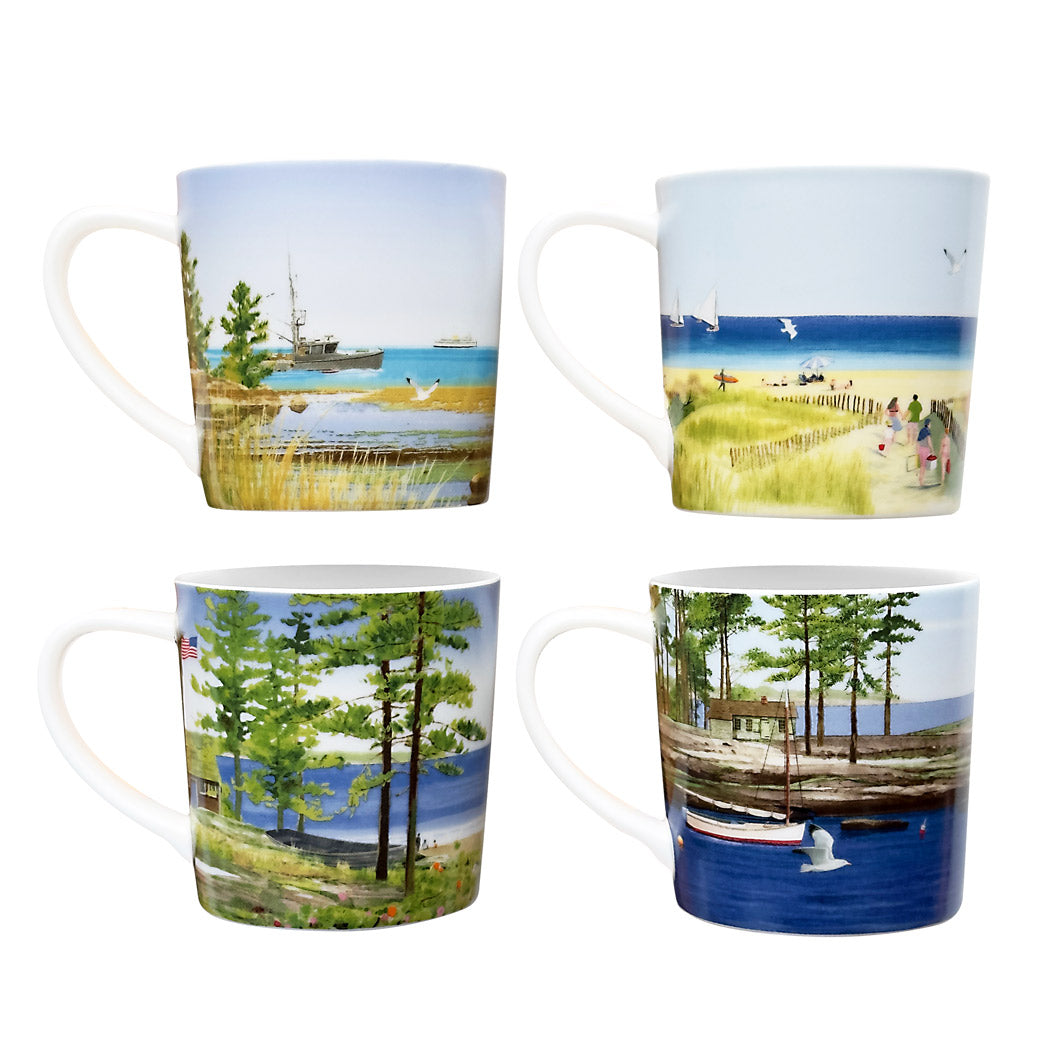 The set of four &quot;By the Sea&quot; mugs from Caskata, featuring unique watercolor designs by Felix Doolittle, includes scenic coastal and forest landscapes with trees, water, and boats.