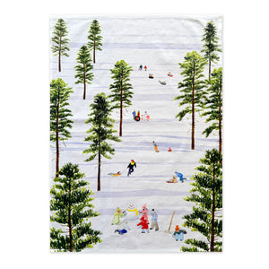 People are enjoying winter activities like sledding and building snowmen in a snowy pine tree forest, creating picturesque scenes reminiscent of those featured on the Caskata X Felix Doolittle Winter Wonderland Kitchen Towels, Set of 2.