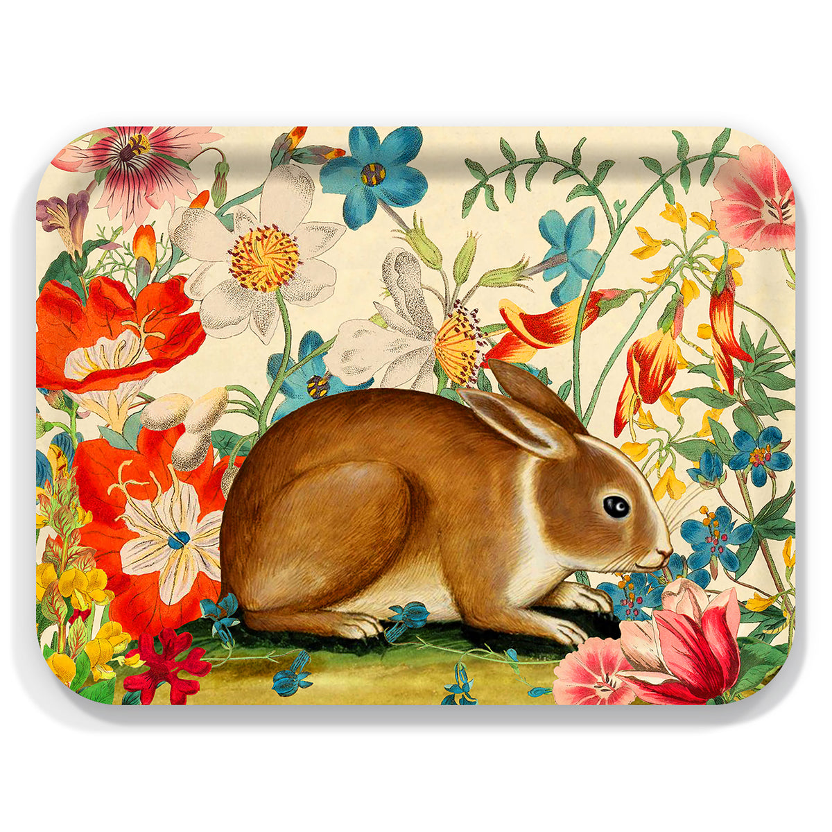 The Caskata Bunny Maximus Large Rectangular Birchwood Tray features a brown bunny nestled among colorful flowers and lush greenery.