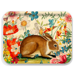 The Caskata Bunny Maximus Large Rectangular Birchwood Tray features a brown bunny nestled among colorful flowers and lush greenery.