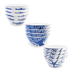 The Coastal Cereal Bowls Melamine Bundle by Caskata includes three stacks of BPA-free, white bowls featuring blue ocean-themed designs like sharks, octopuses, and tentacles to bring a charming coastal touch to your tableware.