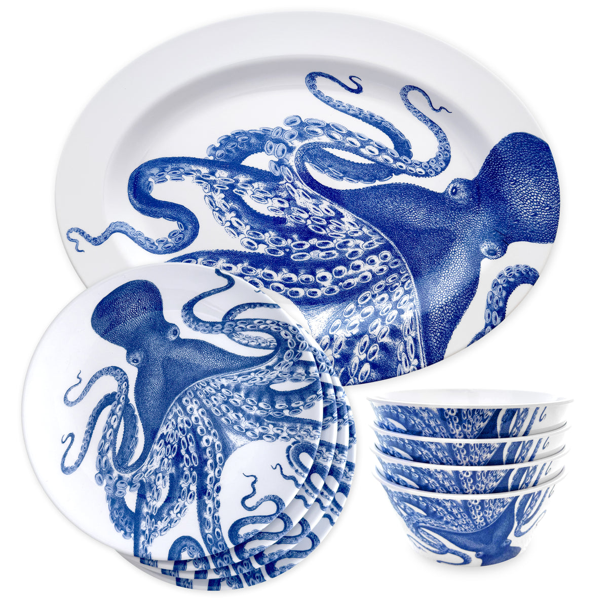 The Caskata Lucy &quot;Dinner is Served&quot; Melamine Bundle features BPA-free dinnerware that combines unbreakable style with elegance, showcasing white plates and bowls with detailed blue octopus illustrations.