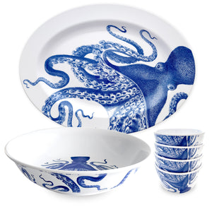 Explore the Lucy Entertaining Melamine Bundle by Caskata—an unbreakable, BPA-free dinnerware set showcasing a vibrant blue octopus design on a large plate, bowl, and stacked cups, perfect for lively dining.