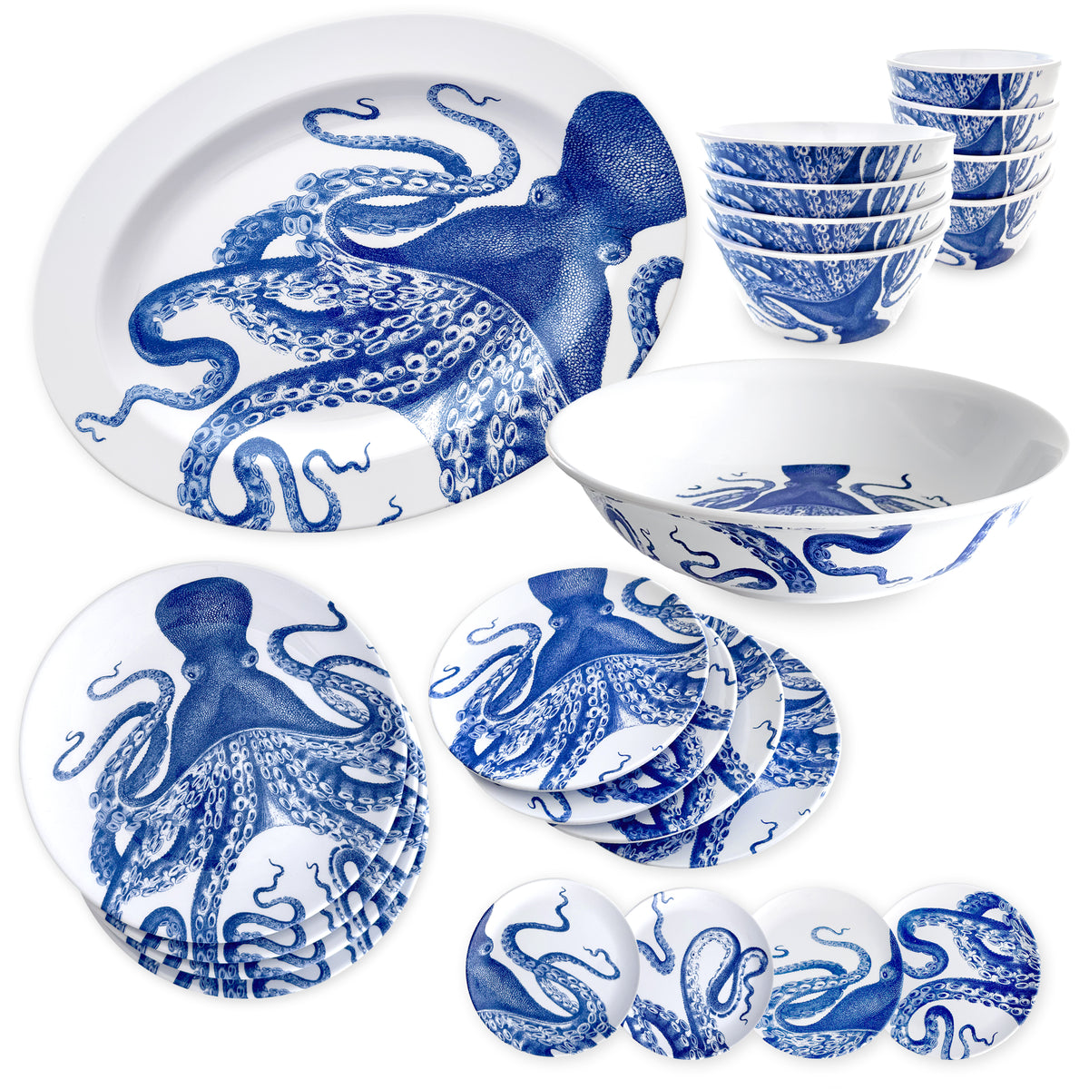 The Lucy &quot;Party Pack&quot; Melamine Bundle by Caskata is a BPA-free dinnerware set featuring white and blue plates, bowls, and mugs with intricate octopus illustrations.