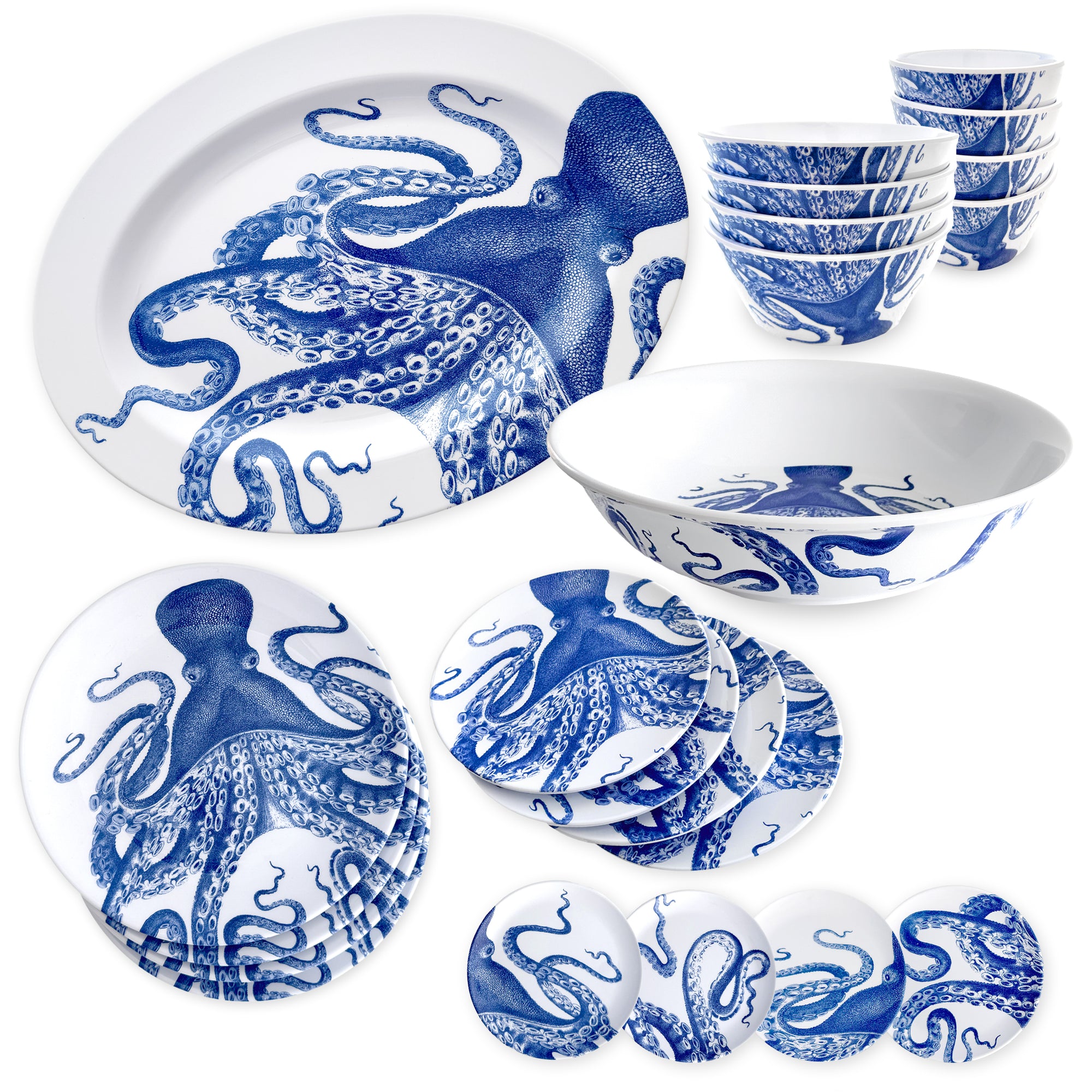 The Lucy "Party Pack" Melamine Bundle by Caskata is a BPA-free dinnerware set featuring white and blue plates, bowls, and mugs with intricate octopus illustrations.