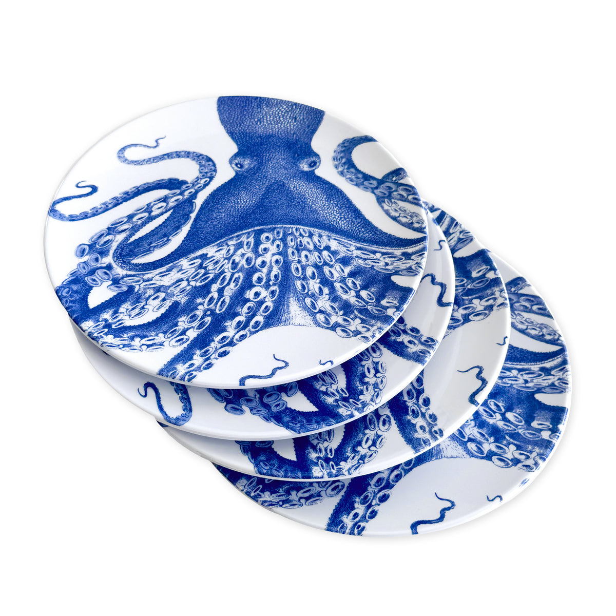 Caskata BPA-free melamine salad plates sold as a set of 4 are shown as white with a blue Lucy the Octopus across the center of the plates.