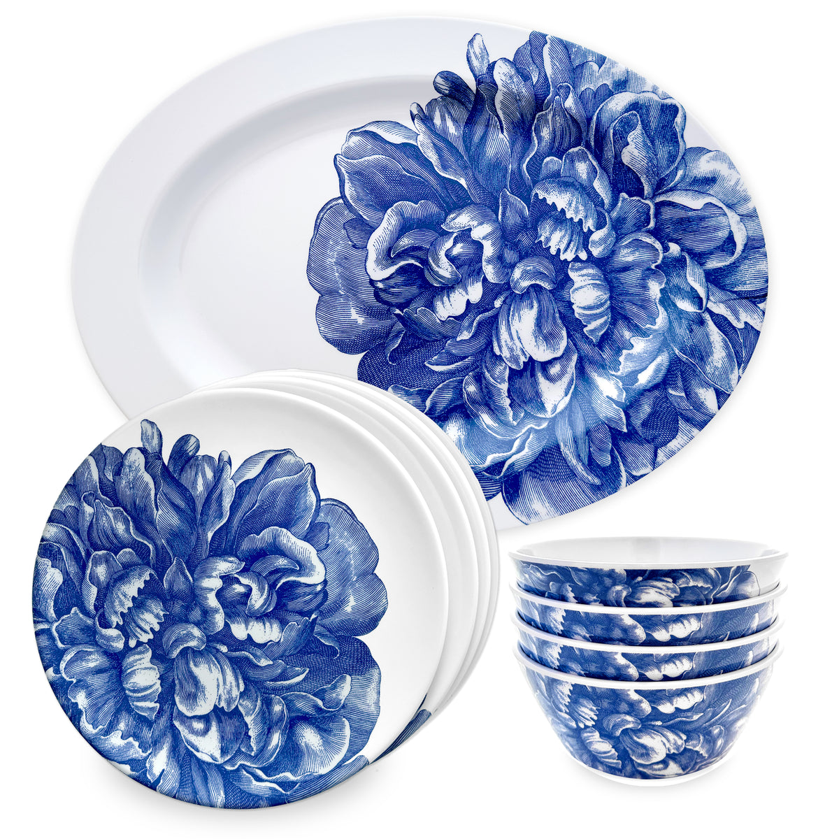 The Caskata Peony &quot;Dinner is Served&quot; Melamine Bundle showcases BPA-free white dinnerware with blue floral designs, featuring plates and bowls in a stacked display. Ideal for indoor and outdoor use.