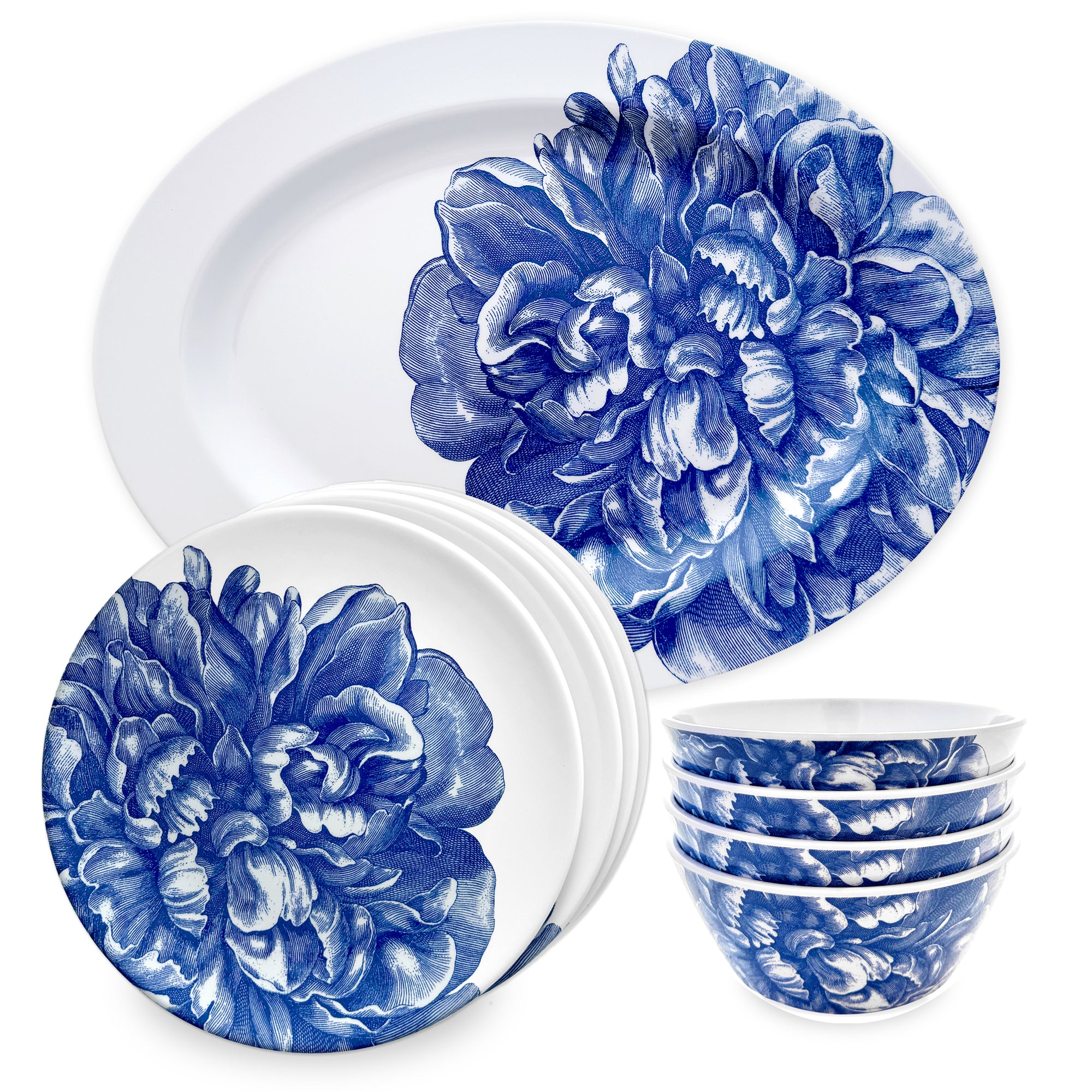 The Caskata Peony "Dinner is Served" Melamine Bundle showcases BPA-free white dinnerware with blue floral designs, featuring plates and bowls in a stacked display. Ideal for indoor and outdoor use.