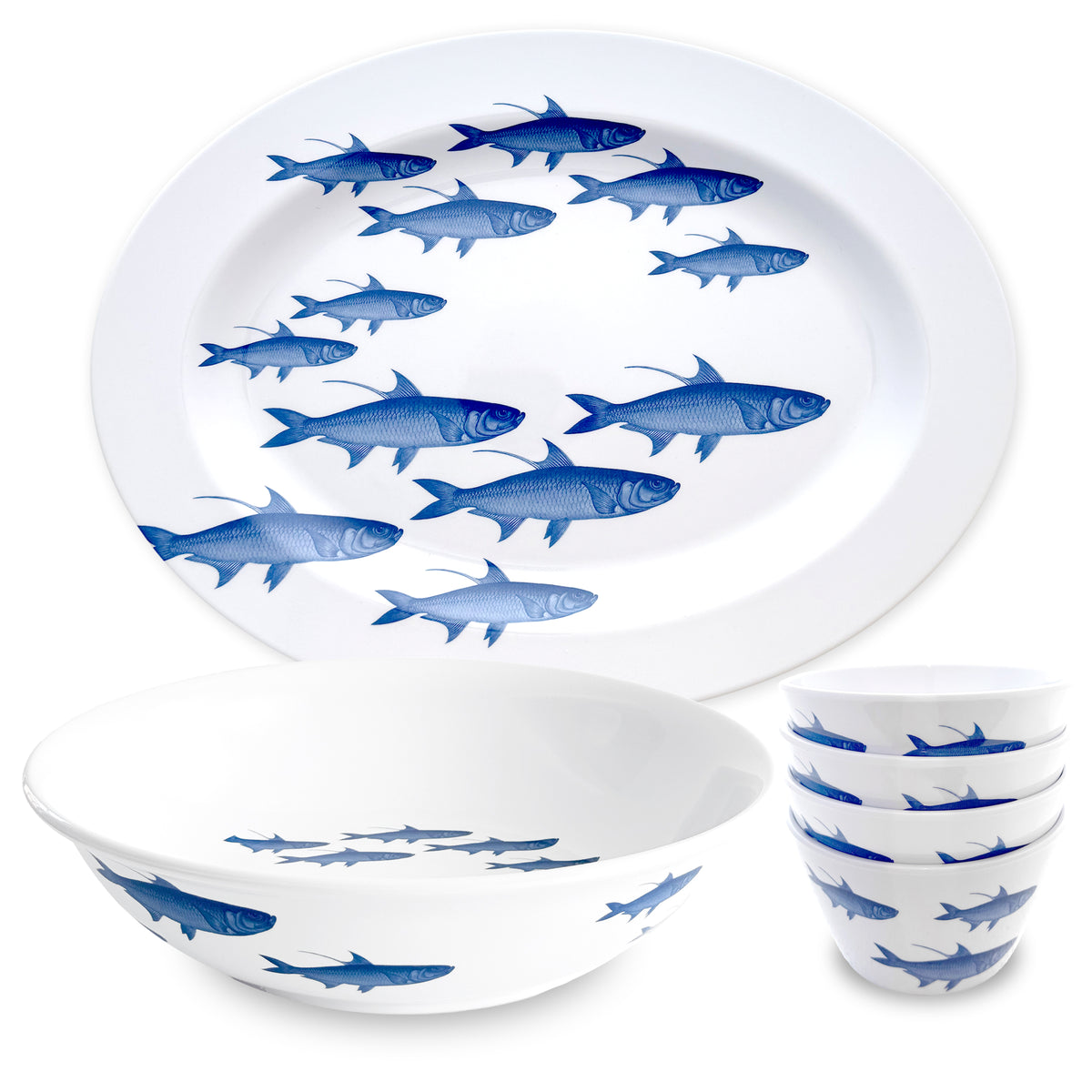 The Caskata School of Fish Entertaining Melamine Bundle, part of our outdoor collection, is a BPA-free dinnerware set featuring a charming School of Fish pattern and includes a large plate, bowl, and six small cups with blue fish designs.