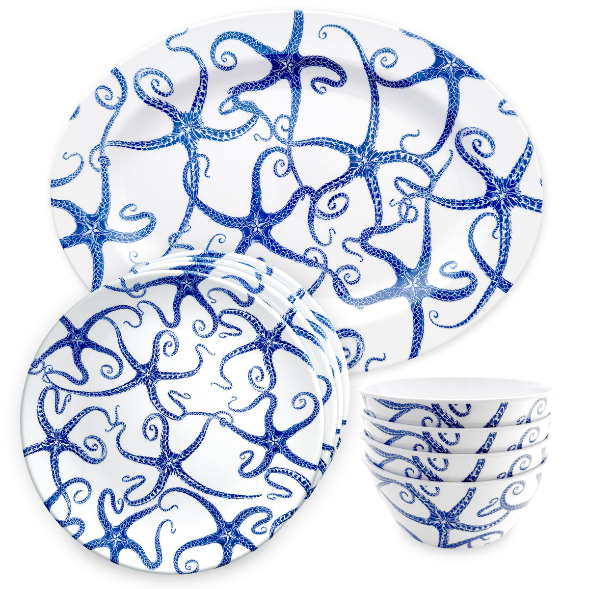 The Caskata Starfish &quot;Dinner is Served&quot; Melamine Bundle is a BPA-free dinnerware set showcasing vibrant blue octopus designs on each white plate and bowl, ideal for stylish outdoor dining.