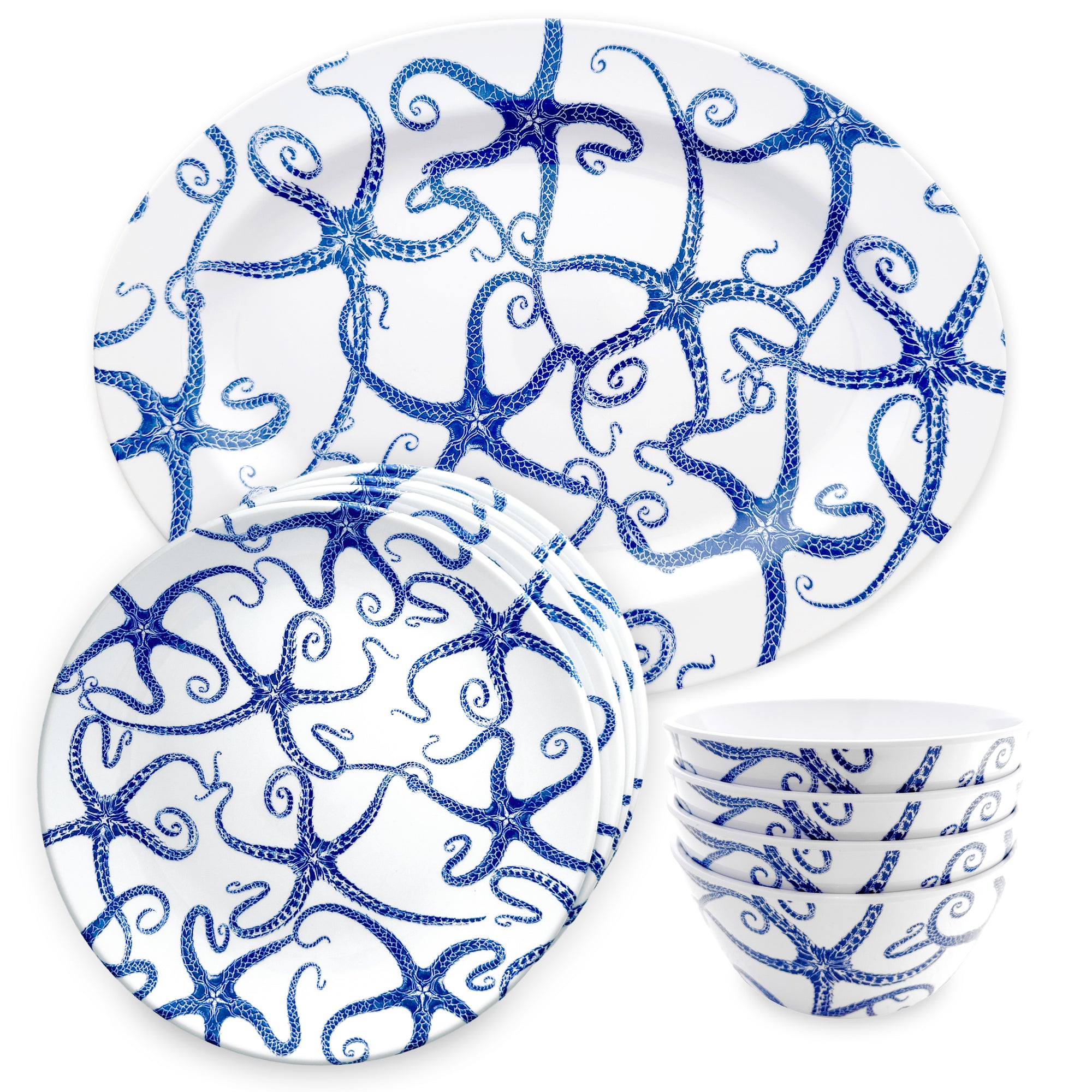 The Caskata Starfish "Dinner is Served" Melamine Bundle is a BPA-free dinnerware set showcasing vibrant blue octopus designs on each white plate and bowl, ideal for stylish outdoor dining.