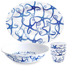 The Caskata Starfish Entertaining Melamine Bundle includes a dinner set with a blue octopus and starfish pattern on white ceramic, featuring a large platter, a large bowl, and four smaller bowls.