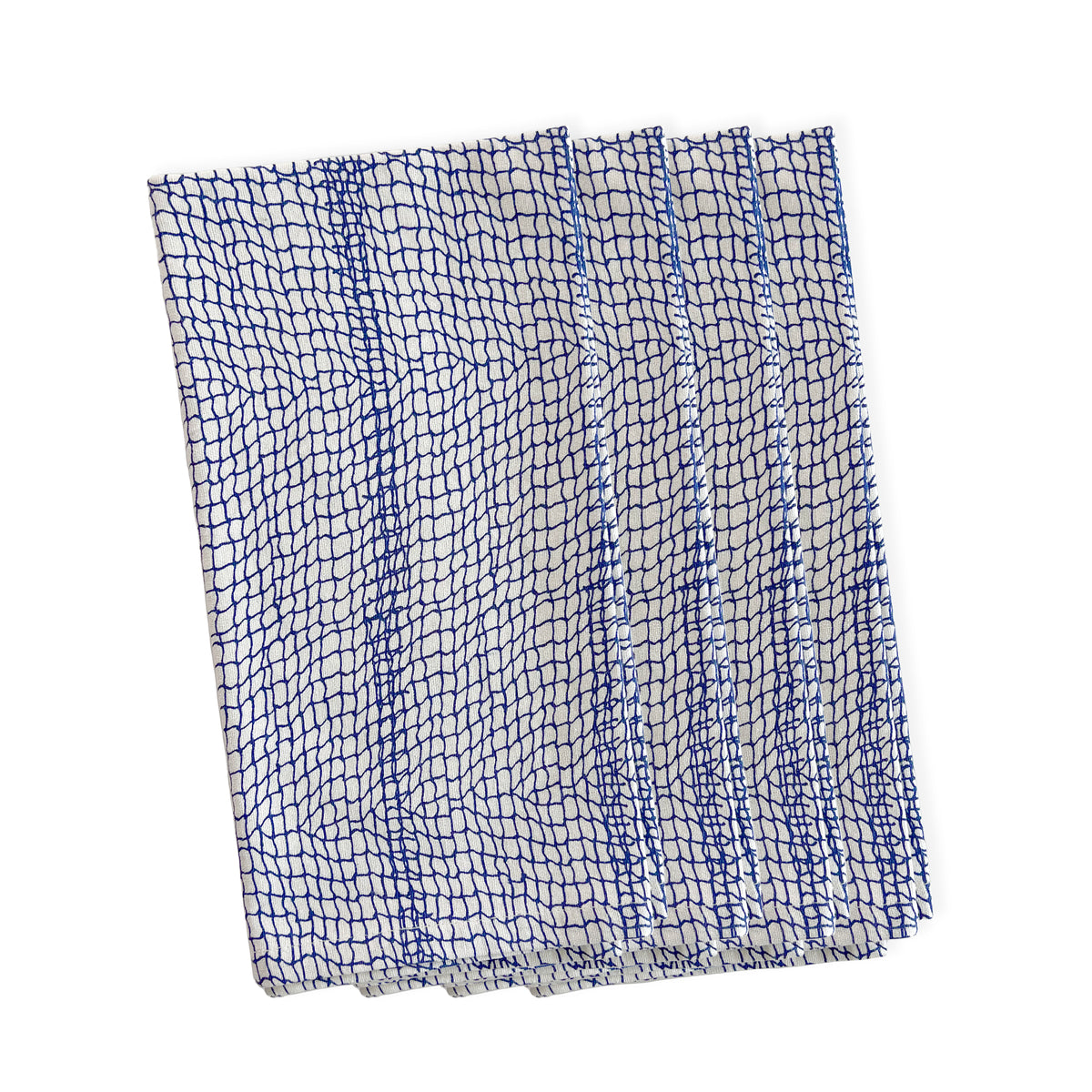 The Today&#39;s Catch Luncheon Bundle from Caskata includes five folded white kitchen cloths with a blue grid pattern, ideal for a spring table refresh. These Stella-inspired designs are perfect for hosting simple gatherings with elegance and charm.