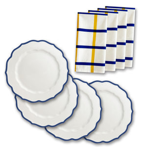 The Clean Lines Essentials Bundle by Caskata includes four white plates with elegant blue scalloped edges and four white napkins with cheerful blue and yellow stripes, ideal for refreshing your spring table.