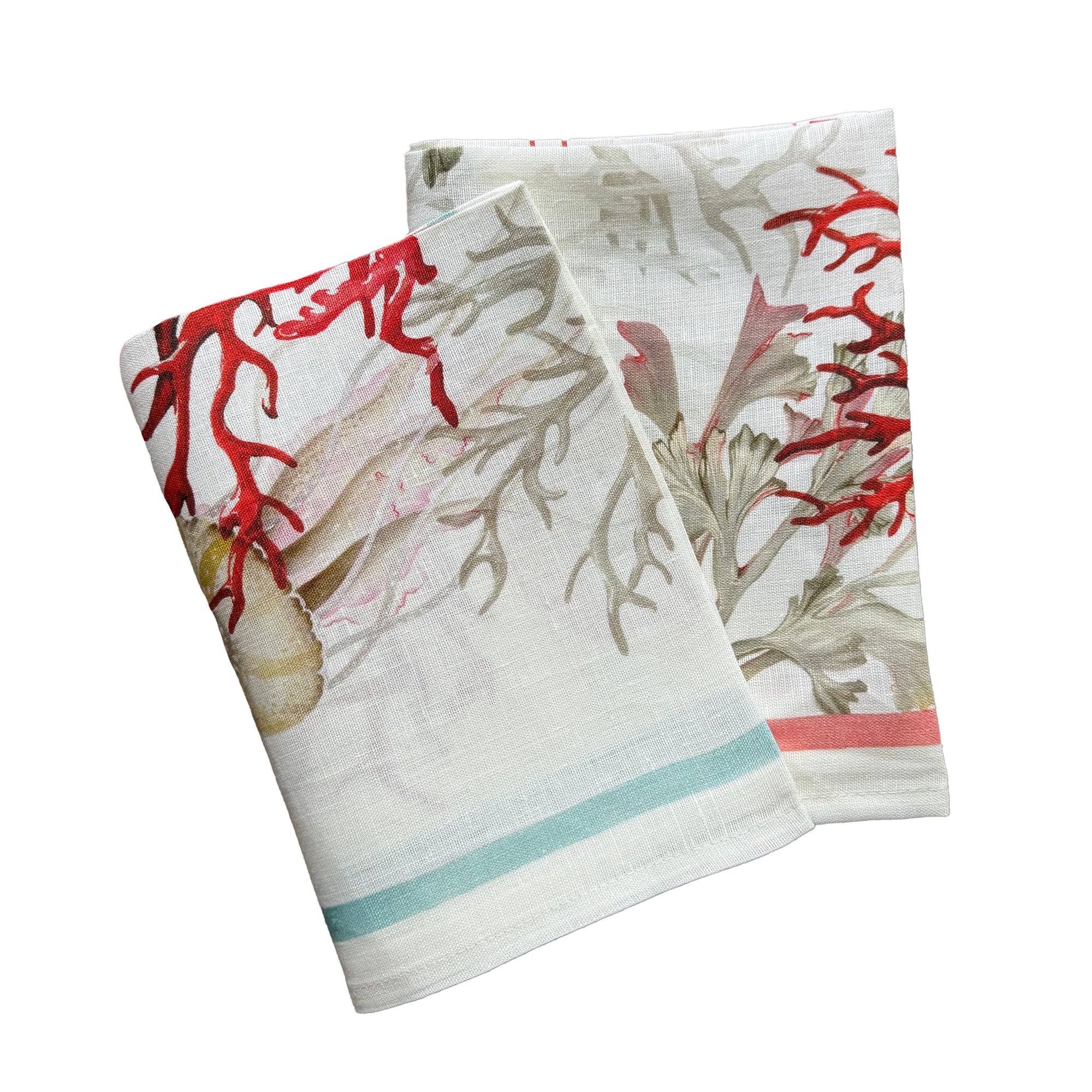 TTT Coral Linen Kitchen Towels, Set of 2, crafted from sustainably sourced materials at an Italian mill, feature a coral and seaweed pattern in shades of red, beige, and green with small green and red stripes on the edges.