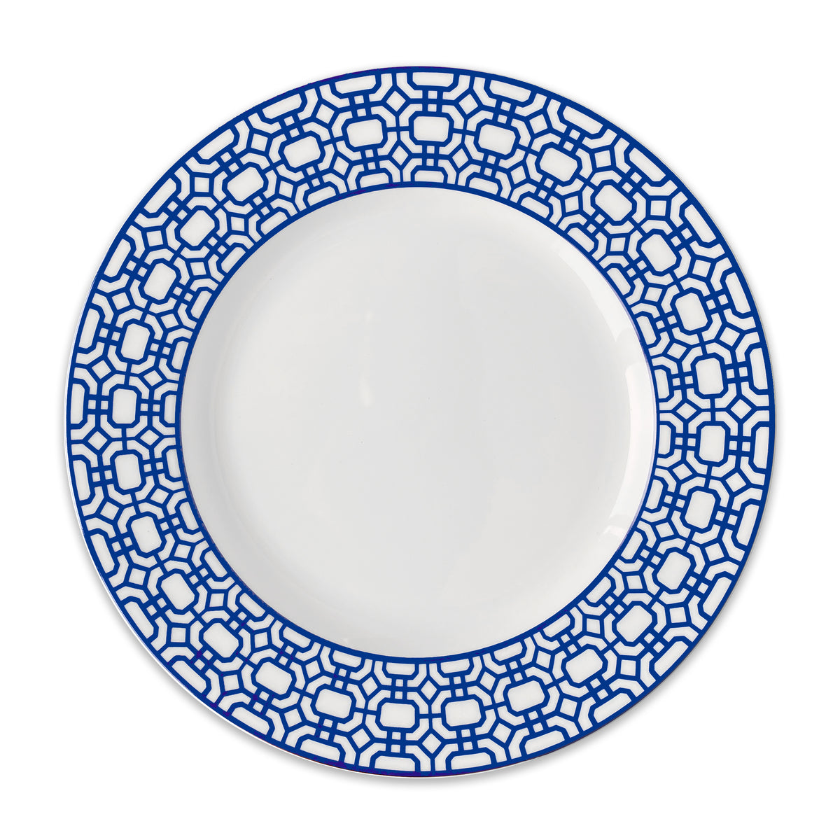 The After Tennis Dinner Bundle by Caskata features a white ceramic plate with a blue geometric patterned rim, perfect for serving elegant salads.