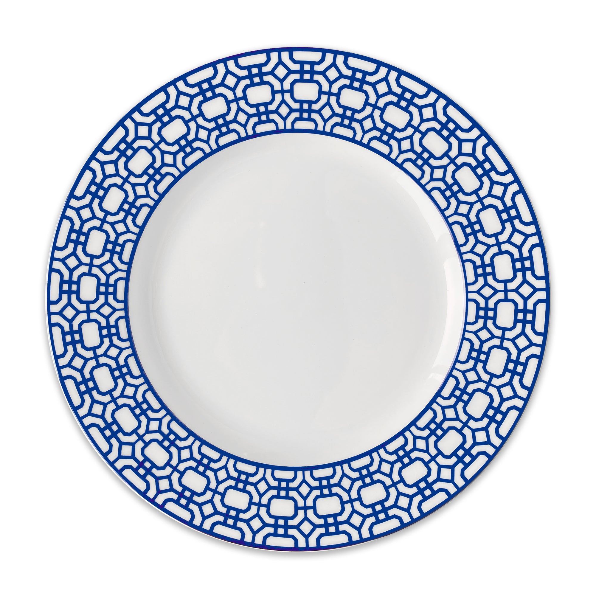 Introducing The After Tennis Dinner Bundle by Caskata: a set of five dinner plates with a blue geometric border, five salad plates with a blue scalloped edge, and four elegantly patterned blue and white napkins—perfect for any occasion.