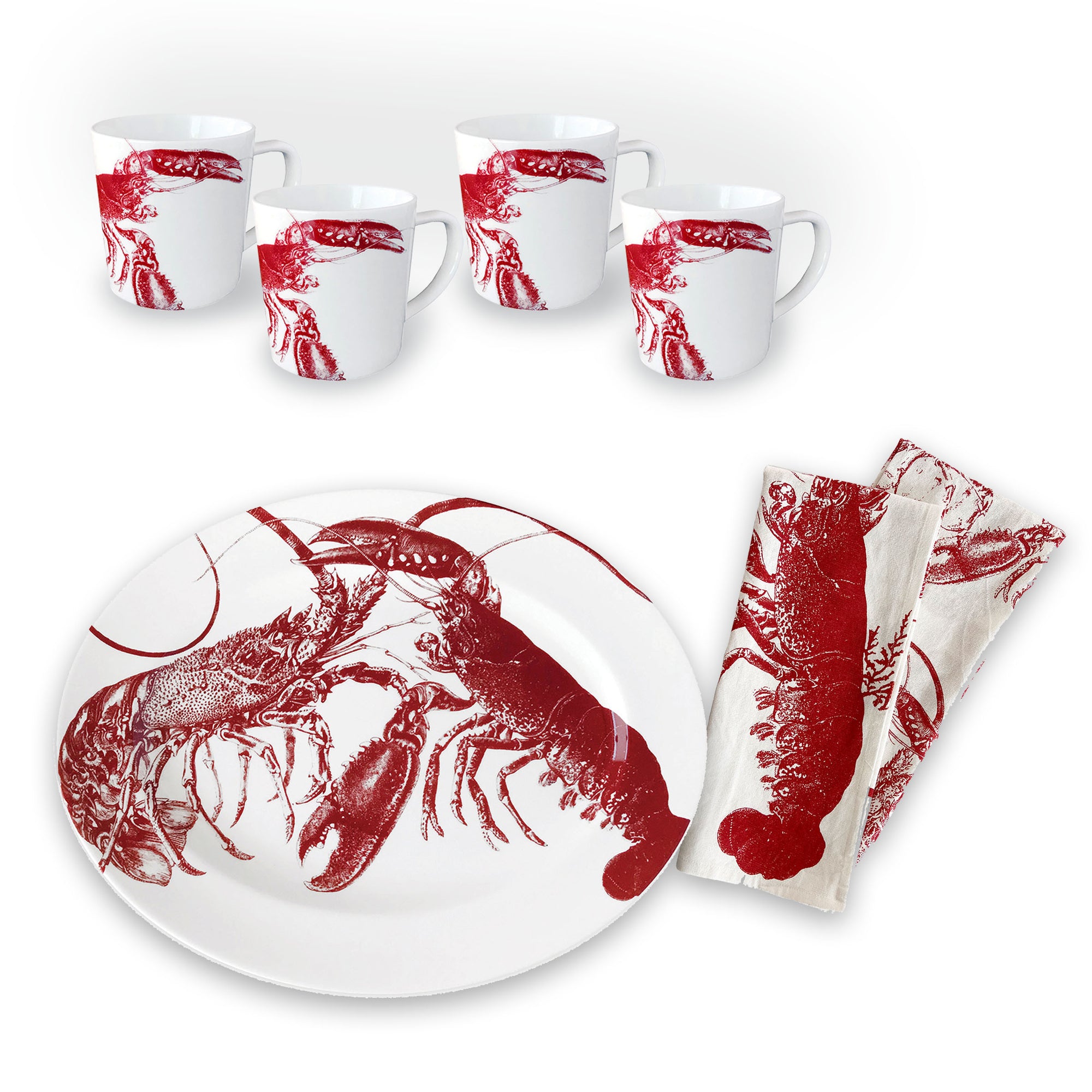 A set of tableware featuring charming red lobster designs, including four lobster mugs, a large lobster platter, and two cloth napkins is now available as the Father's Day Bundle from Caskata.