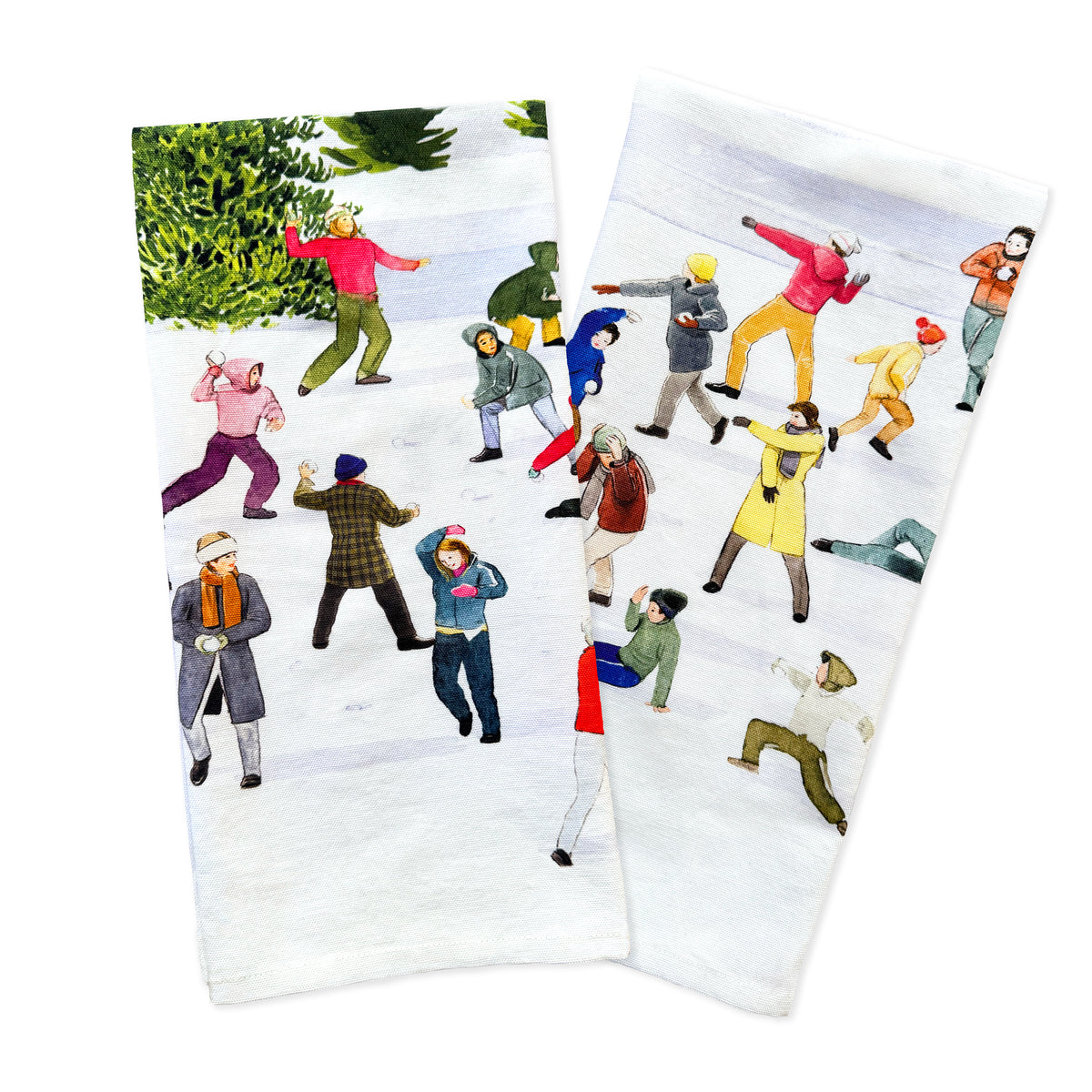 An illustration of people engaging in a snowball fight amidst winter scenery, dressed warmly, with snow-covered trees creating a backdrop reminiscent of the design on the Caskata X Felix Doolittle Snowball Fun Kitchen Towels, Set of 2.