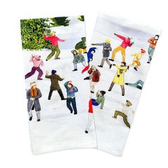 An illustration of people engaging in a snowball fight amidst winter scenery, dressed warmly, with snow-covered trees creating a backdrop reminiscent of the design on the Caskata X Felix Doolittle Snowball Fun Kitchen Towels, Set of 2.