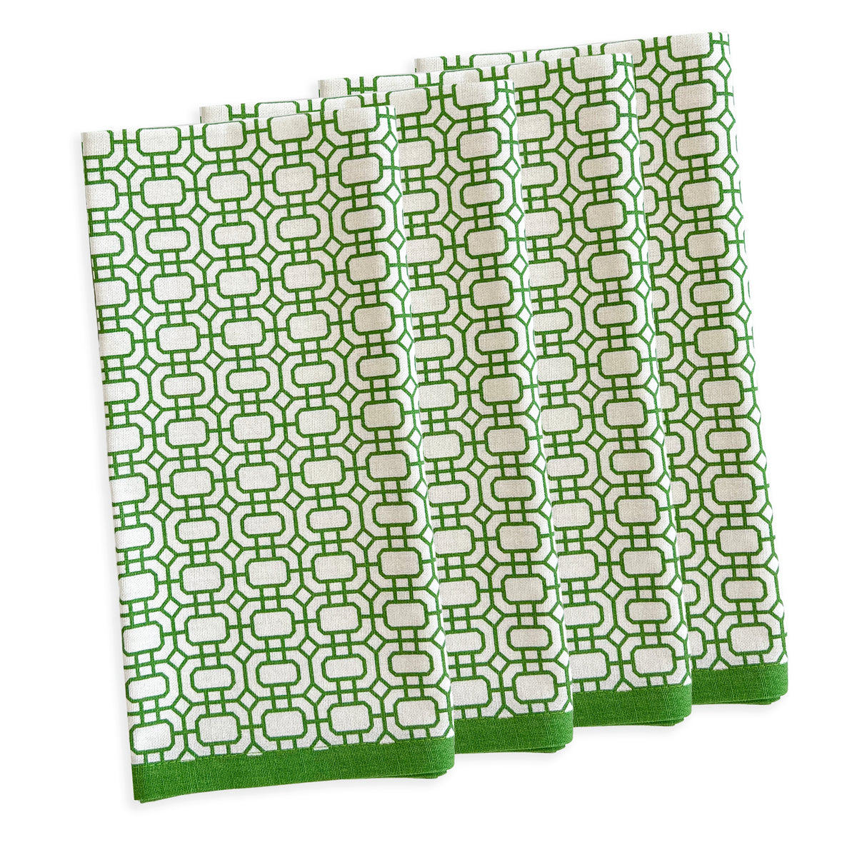 Part of the Caskata&#39;s Through the Garden Gate Dinner Bundle, this set includes four green and white patterned kitchen towels, neatly stacked to refresh your table setting with style.