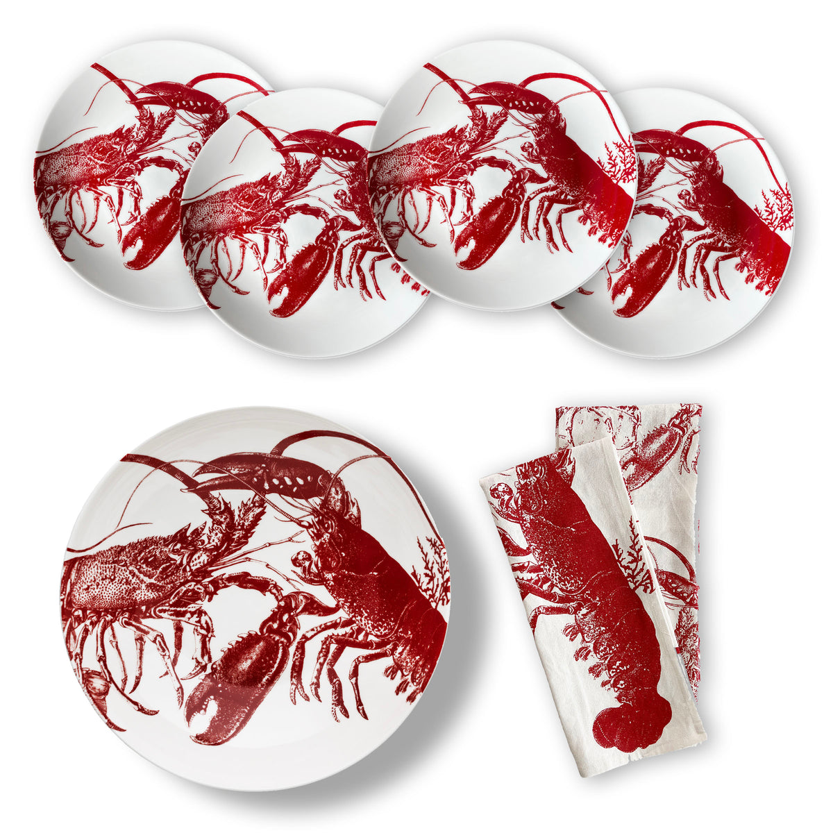 Caskata&#39;s July Fourth Bundle: Set of five white dinner plates and two white napkins, each adorned with a red lobster illustration. Complete your table setting with coordinating lobster kitchen towels for a cohesive look.