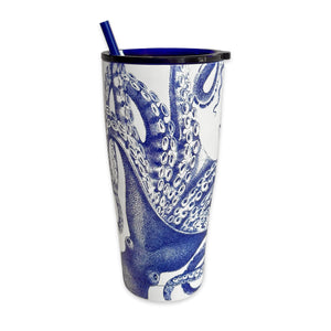 Lucy Stainless Steel Insulated Tumbler by Caskata, showcasing a blue octopus design, a black rim, and a coordinating blue straw.