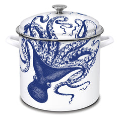 The Caskata X Cuisinart Lucy 16 Qt. Enamel on Steel Stockpot, from the Cuisinart kitchen products line, features an enchanting blue octopus design on its white exterior. This functional stockpot includes handles and a lid, combining style with practicality.