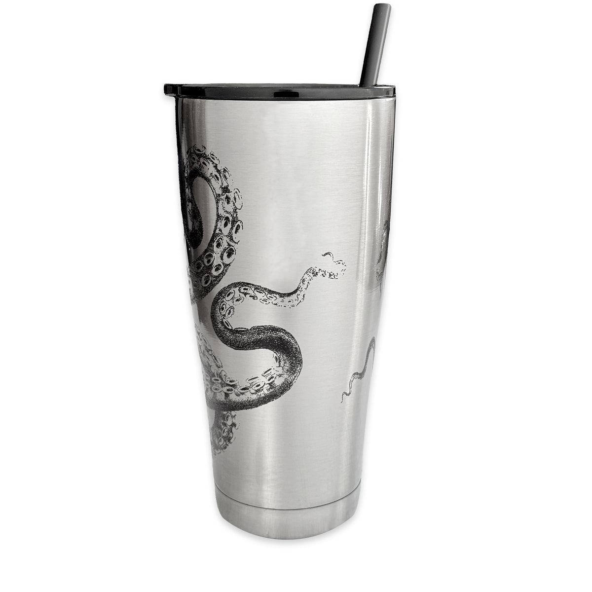 The Lucy Chrome Stainless Steel Insulated Tumbler by Caskata features a striking black-and-white tentacle design and comes with a black lid and straw. This vacuum-insulated drinkware ensures your beverage stays at the perfect temperature.