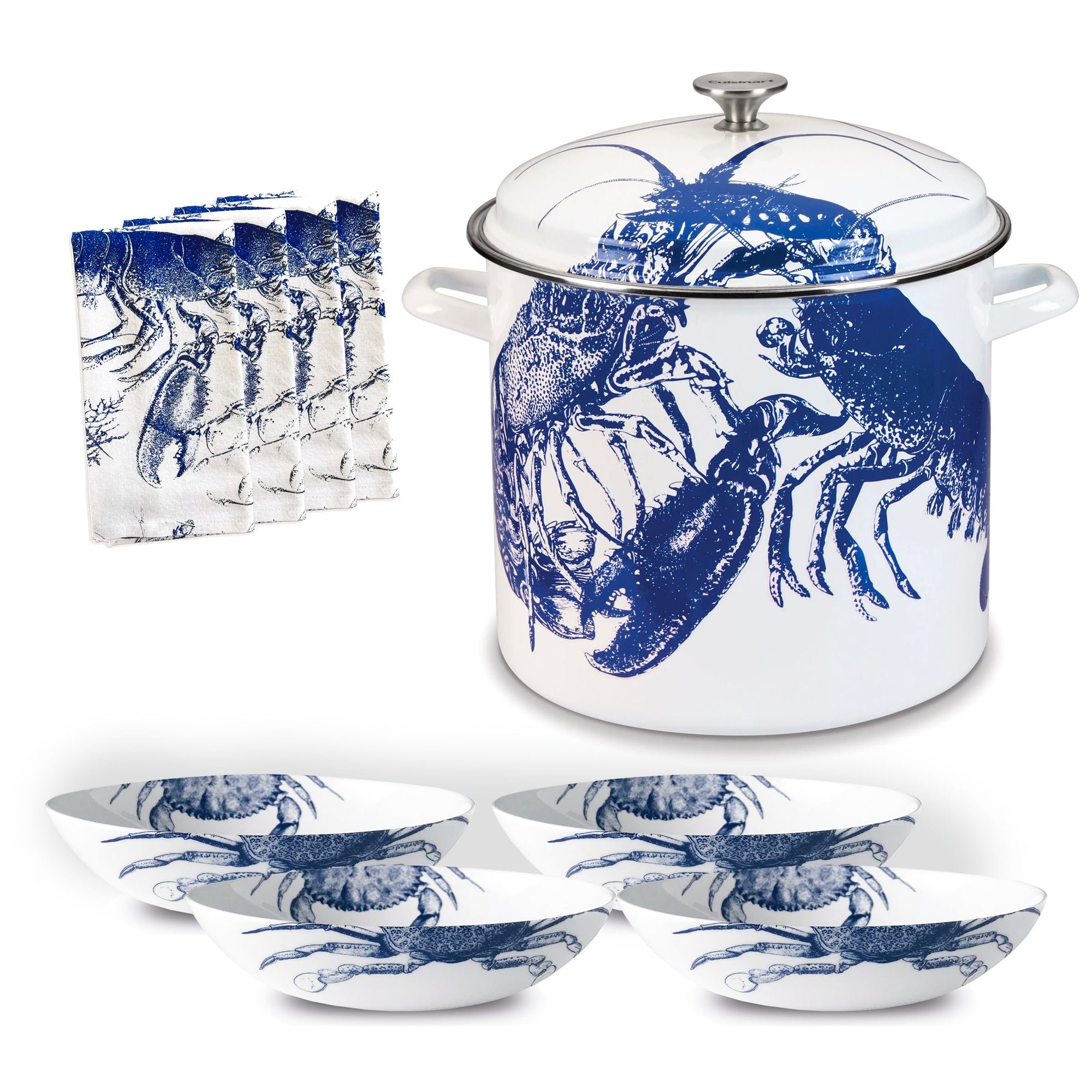 A white kitchen pot with blue lobster designs, paired with blue and white Blue Lobsters Dinner Napkins and six white Crab Entrée Bowls featuring similar motifs, the Lobster Boil Bundle by Caskata.