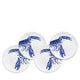 Four white heirloom-quality dinnerware plates each feature a blue lobster illustrated in the center. These Lobster Small Plates by Caskata Artisanal Home overlap slightly, beautifully displaying the entire lobster design, reminiscent of New England's coast.